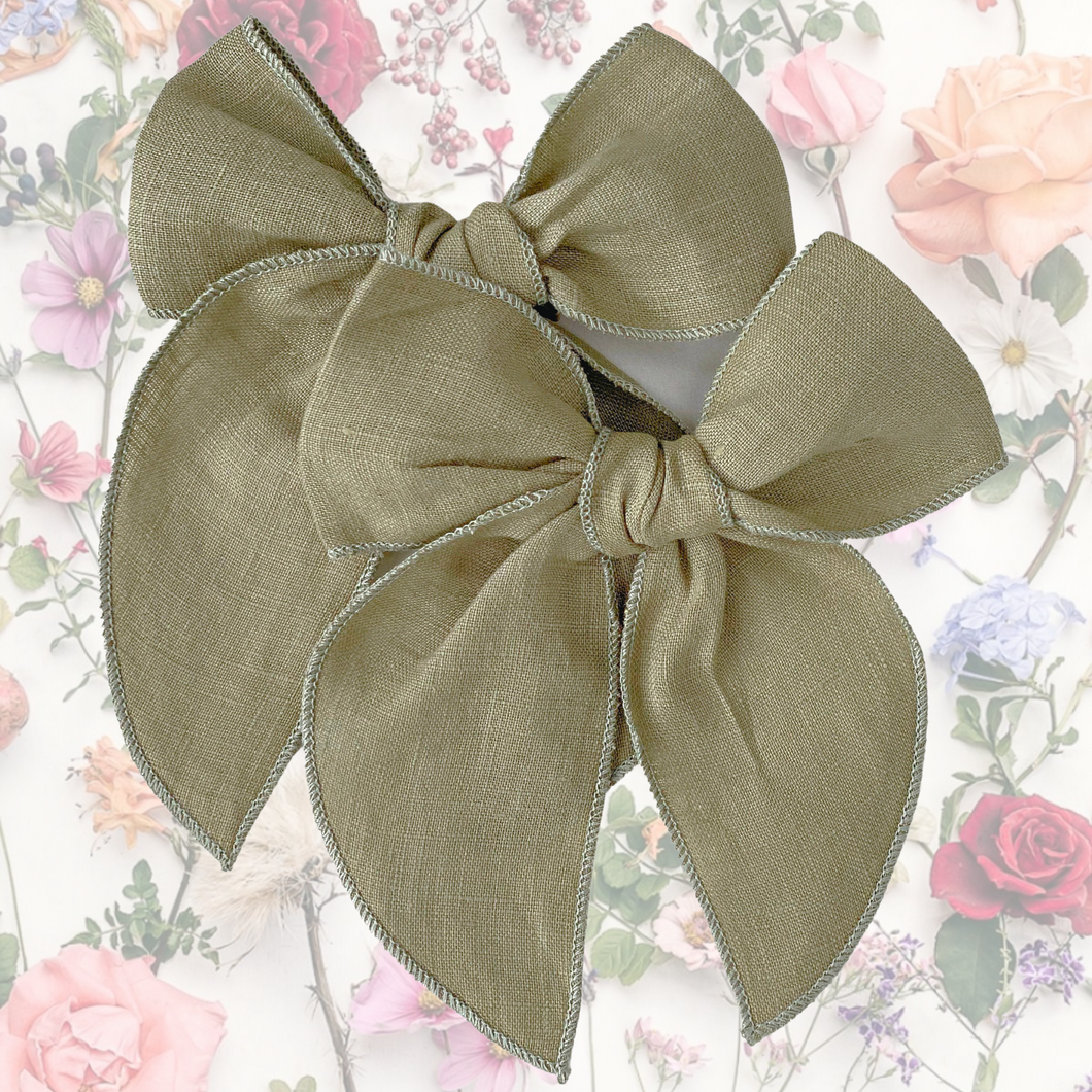 Khaki Linen Cotton Fable Bow - Hair Clip / Bag Bow