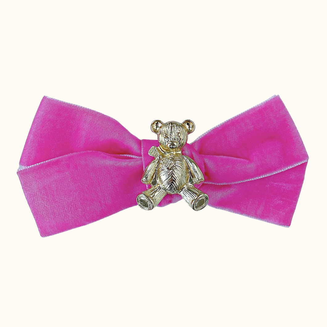 Anastasia Teddy Bear Velvet Bow Hair Clip - Hot Pink