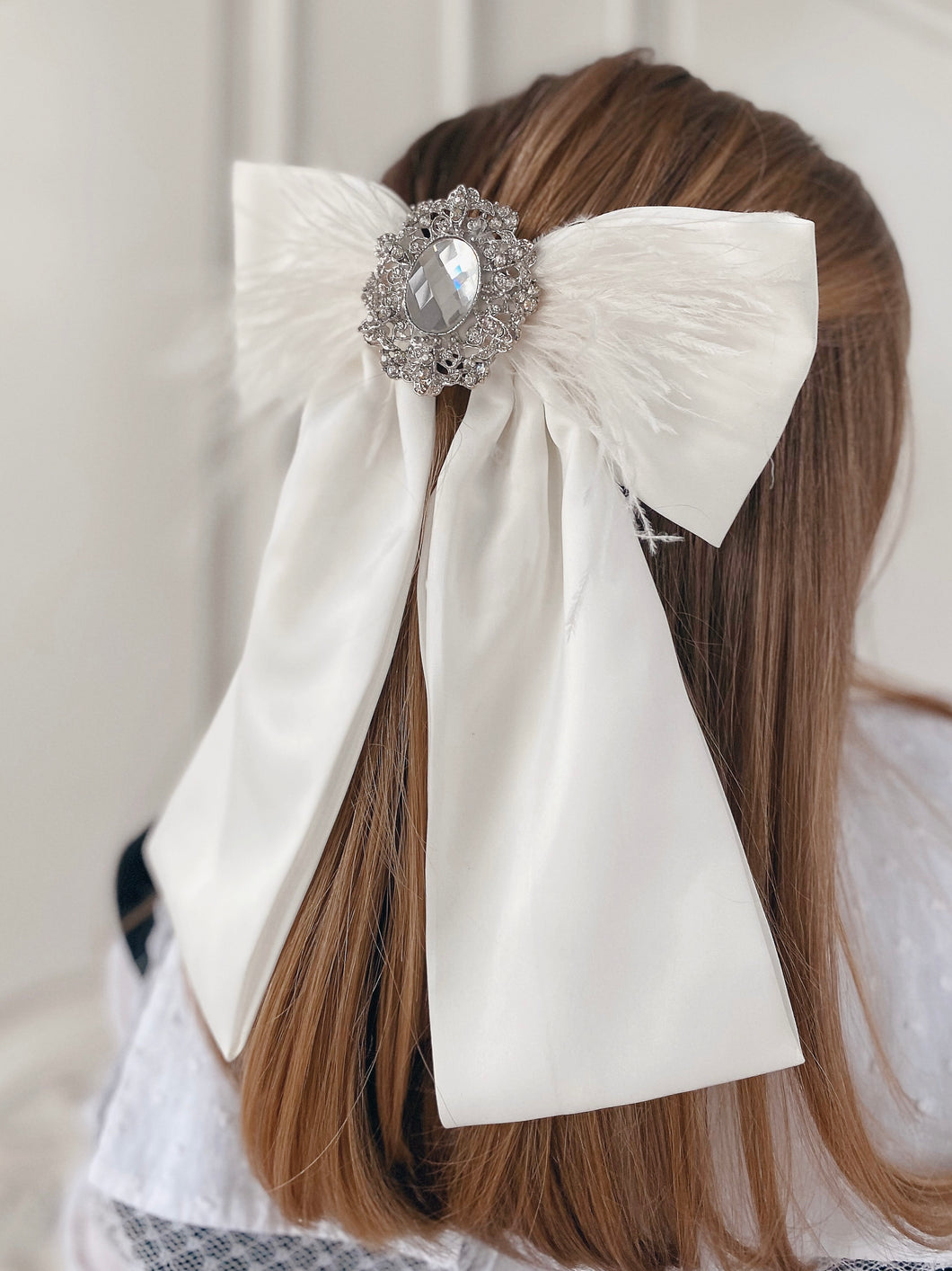 Bella Embellished Feather Long Satin Bow - White