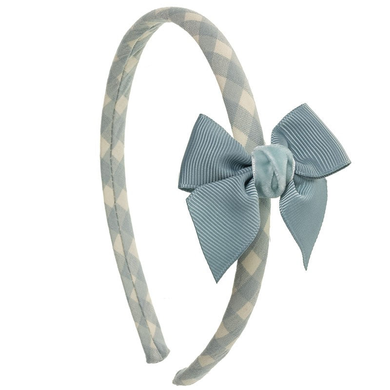 Gingham Headband with Bow - Light Blue