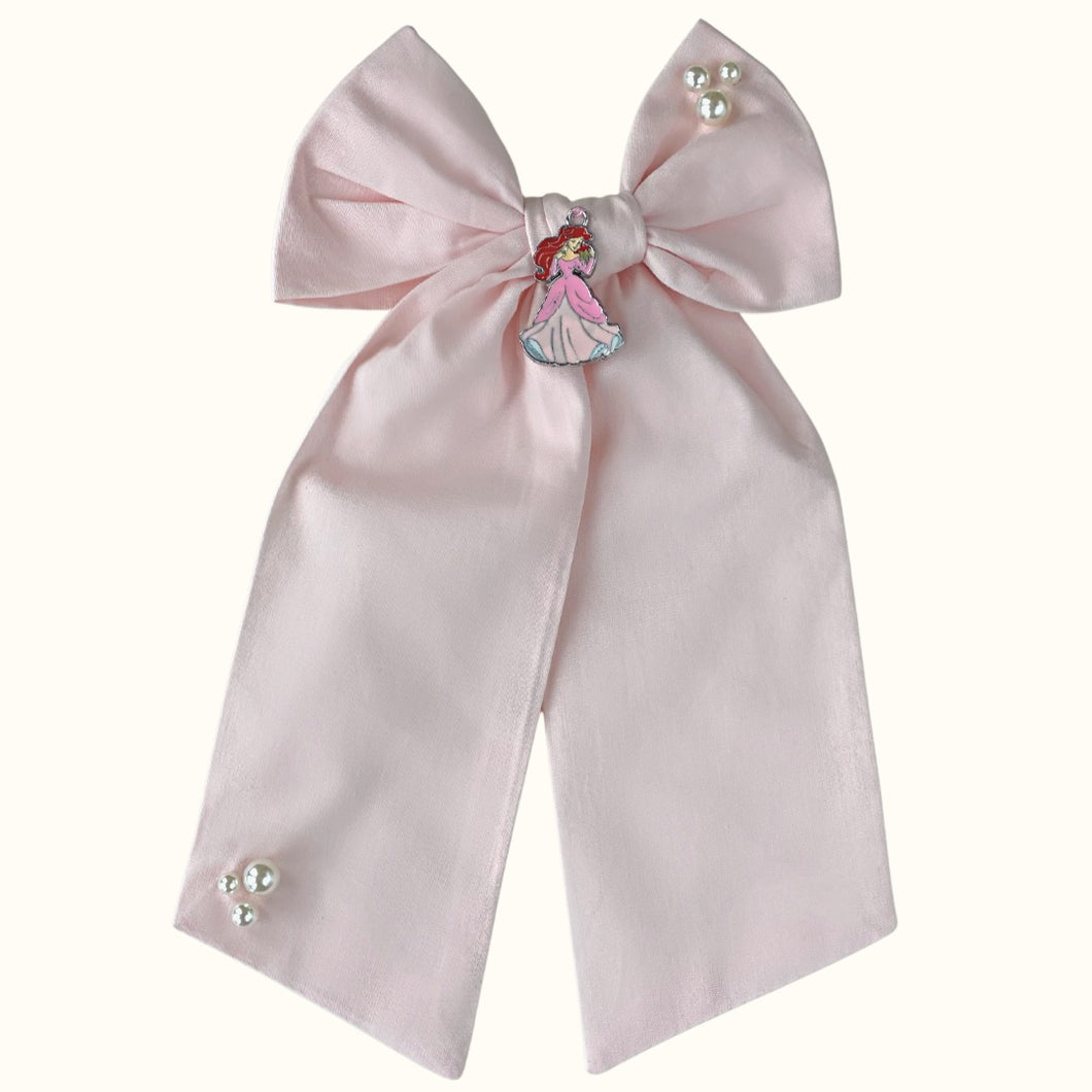 Ariel Princess Lulu Cotton Pearl Long Bow Hair Clip in Powder Pink