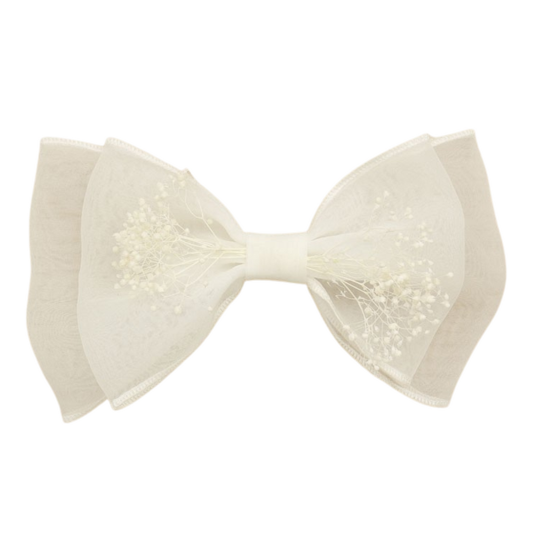 Selina Organza Dried Floral Bow Hair Clip - Off White