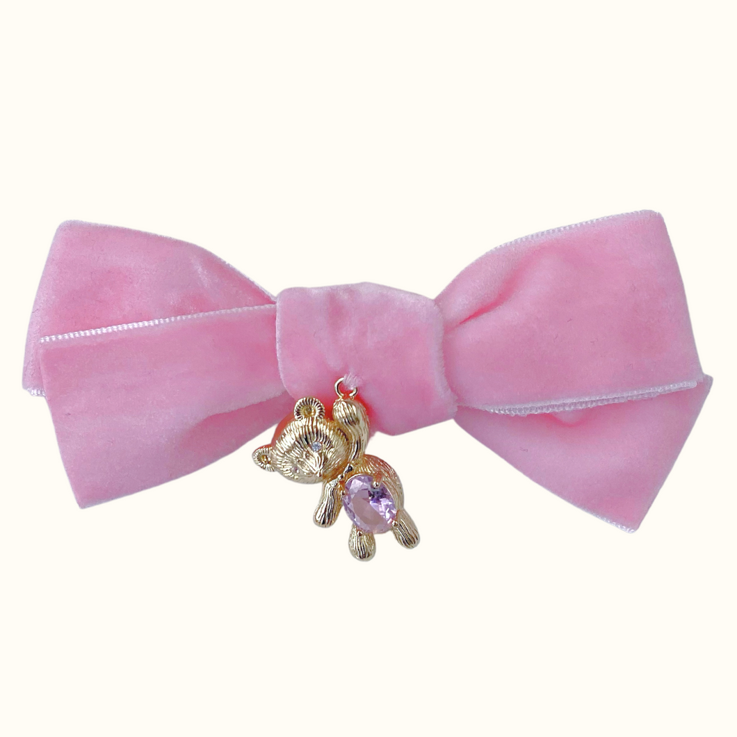 Miranda Teddy Bear Velvet Bow Hair Clip - Pink