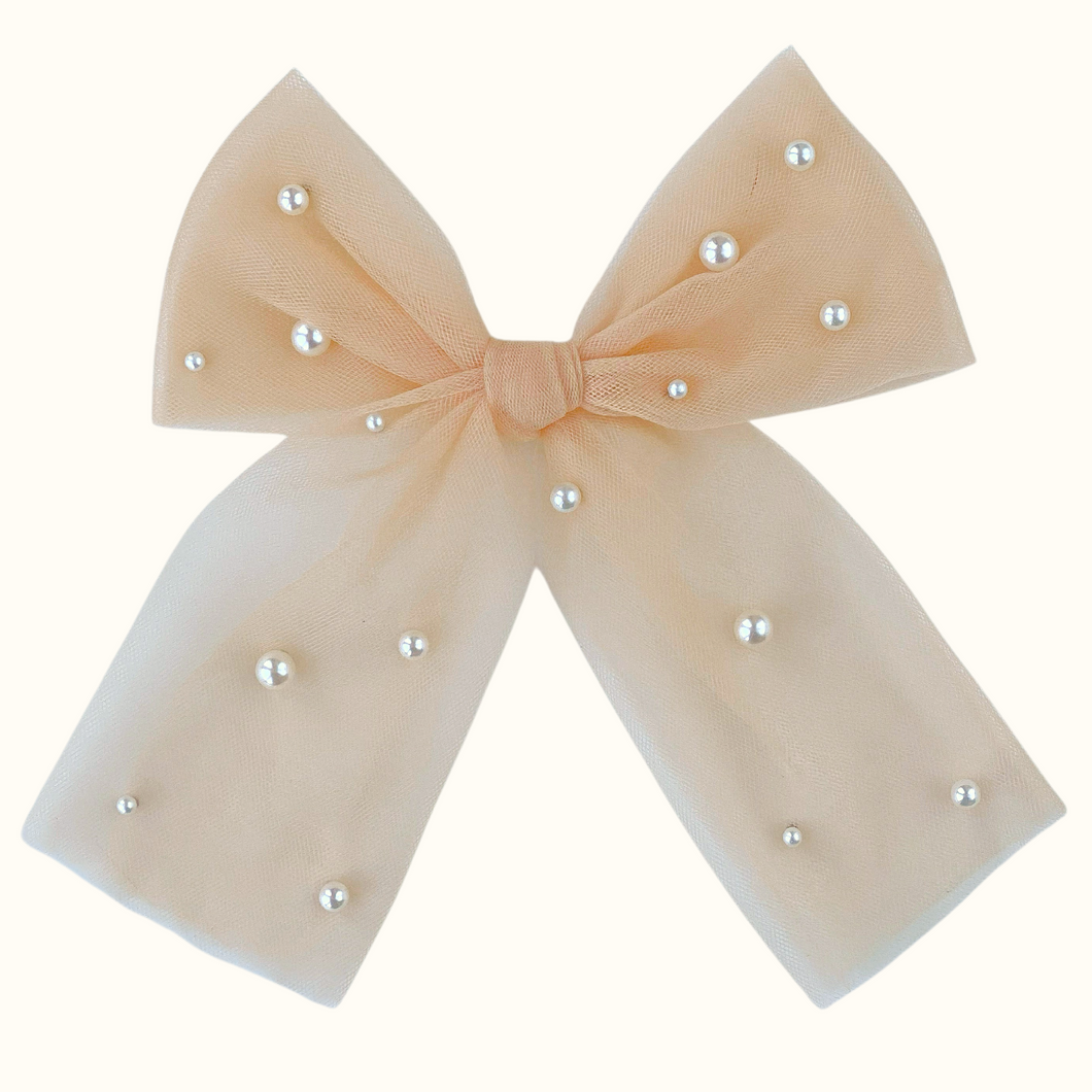 Piper Nude Tulle Pearl Bow - Hair Clip / Bag Bow