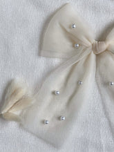 Load image into Gallery viewer, Piper Ivory Tulle Pearl Bow - Hair Clip / Bag Bow
