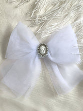 Load image into Gallery viewer, Pamela White Pearl Cameo Embellished Tulle Bow
