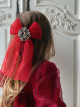 Load image into Gallery viewer, Noelle Red Tulle Embellished Bow Hair Clip
