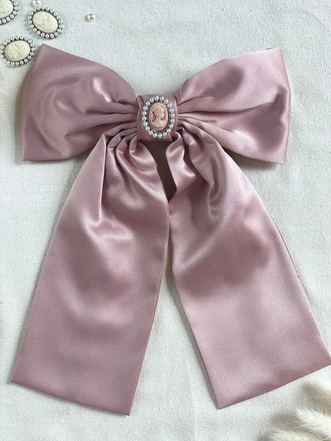 Bella Long Satin Cameo Bow Hair Clip