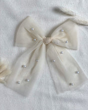 Load image into Gallery viewer, Piper Ivory Tulle Pearl Bow - Hair Clip / Bag Bow
