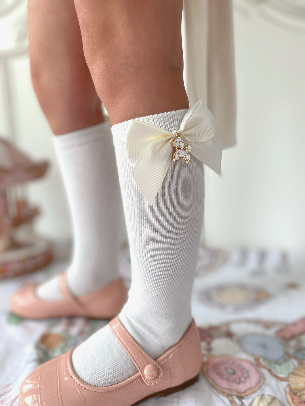 Poodle Bow Socks - Ivory