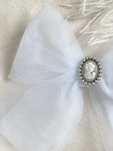 Load image into Gallery viewer, Pamela White Pearl Cameo Embellished Tulle Bow
