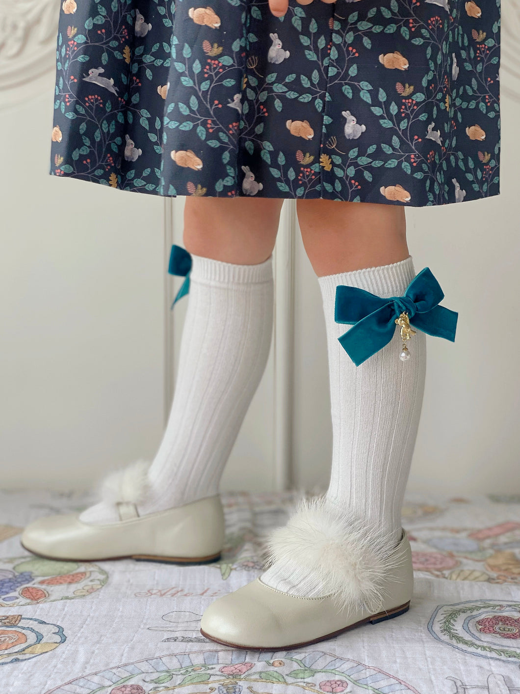 Julia Teddy Bear Velvet Bow Socks - Teal