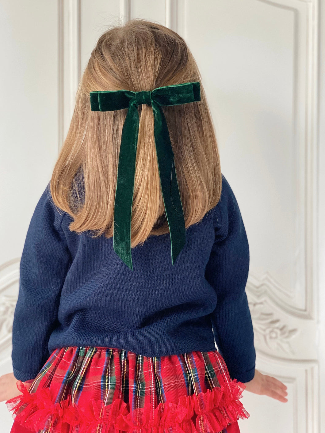 Velvet Long Bow Hair Clip - Dark Green